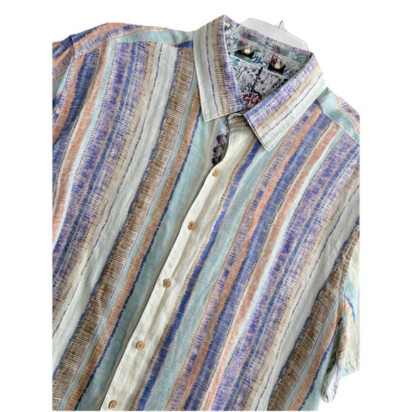Robert Graham Short Sleeve Button Down Shirt Classic Fit 3XL Linen Striped